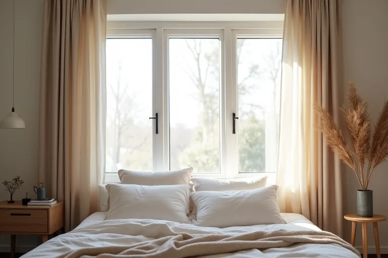 Bedroom curtains framing a window with balanced daylight and a calm, lived-in bed.