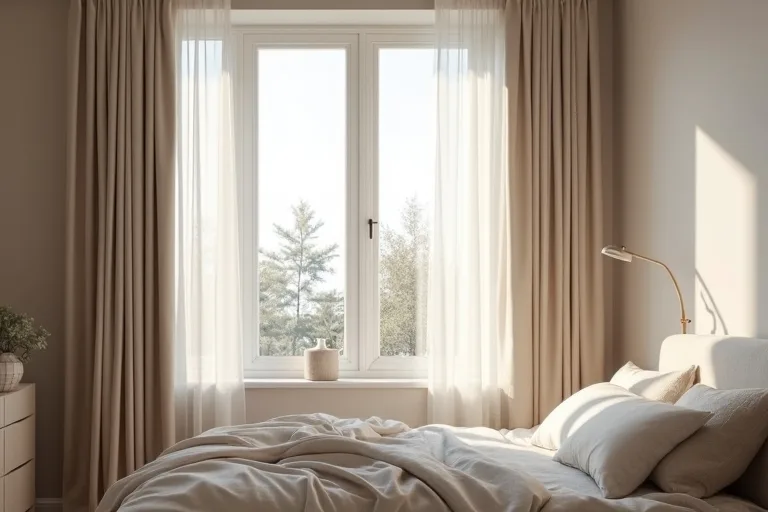 Layered bedroom curtains creating privacy and softer light around a window.