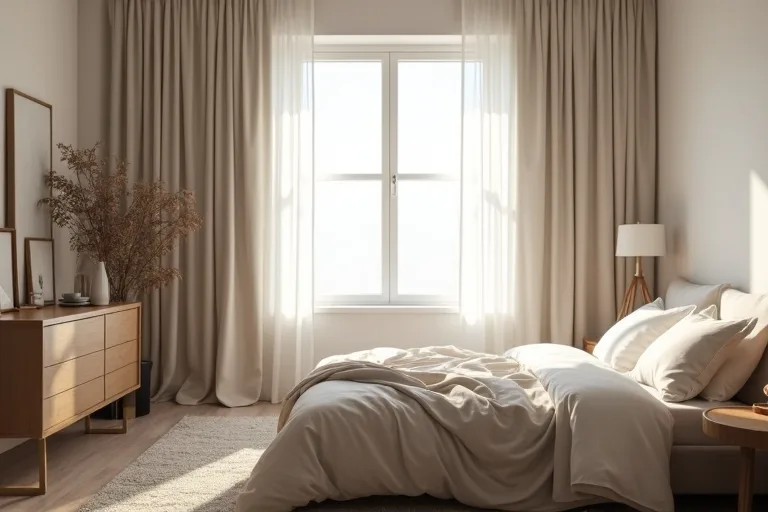 Soft neutral bedroom curtains adding a balanced visual frame to the room.