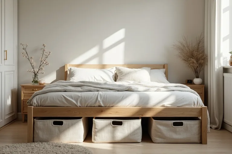 A tidy small bedroom setup with understated storage that does not crowd the room