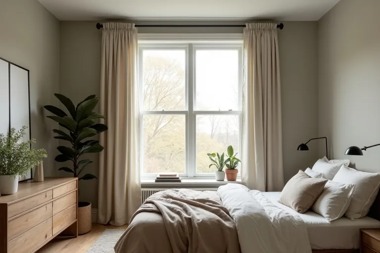 A calm bedroom with muted wall paint, neutral bedding, and clean window treatments for a cohesive look.