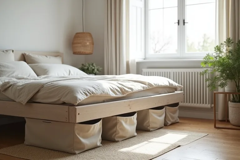 Low under-bed storage containers in a calm bedroom with clear floor space