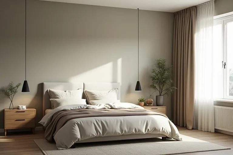 A calm bedroom with tidy storage and simple finishes supporting a cohesive wall color.