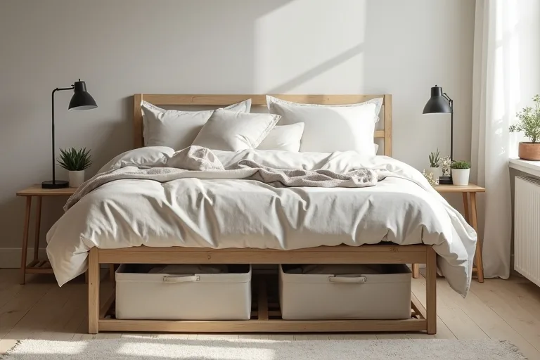 A calm small bedroom with neat under-bed storage bins and a low bed frame