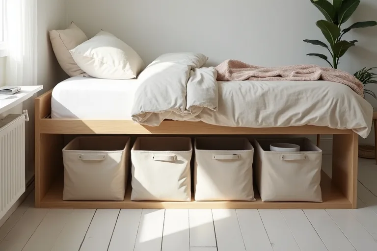 A calm bedroom with a low bed frame and storage kept visually discreet