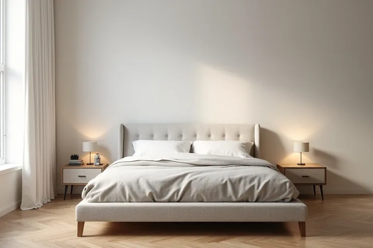 A minimalist bedroom with clear bedside space, a centered bed, and a simple uncluttered layout