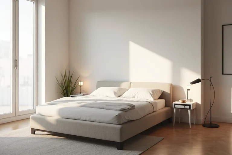 A calm minimalist bedroom with soft bedding, simple decor, and a finished but uncluttered feel