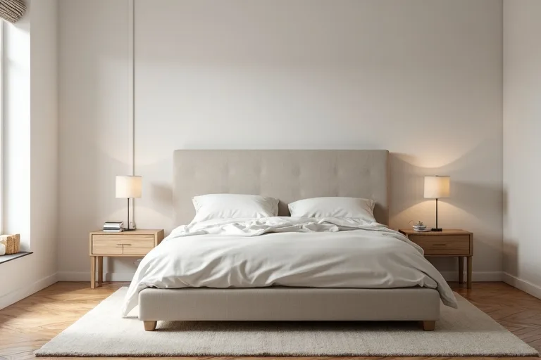 A minimalist bedroom layout with an upholstered bed, bedside tables, and open space around the room