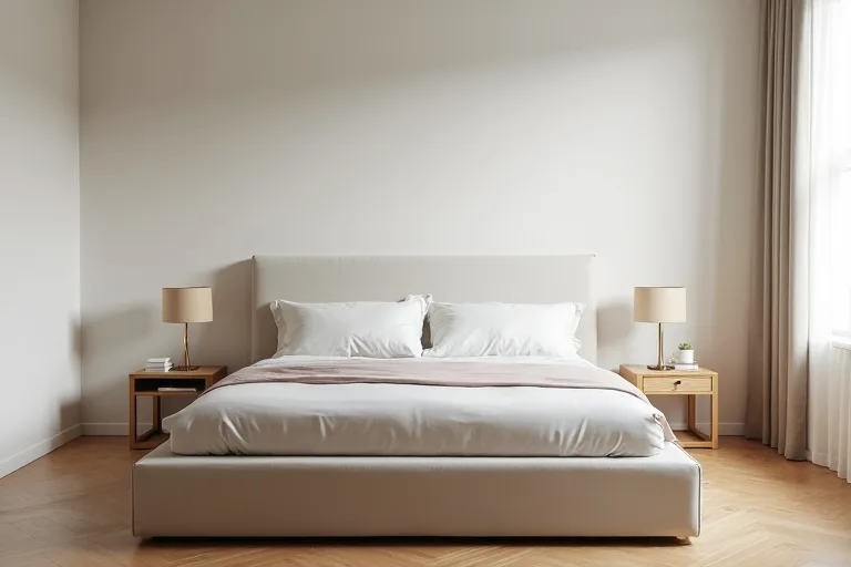 A calm minimalist bedroom with a queen upholstered bed, matching bedside lamps, and a balanced, uncluttered layout