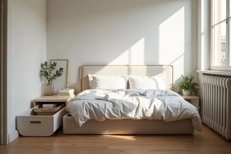 A calm small apartment bedroom where under-bed storage supports the room layout