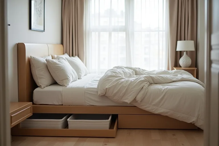 A small bedroom layout showing the space needed for under-bed storage access