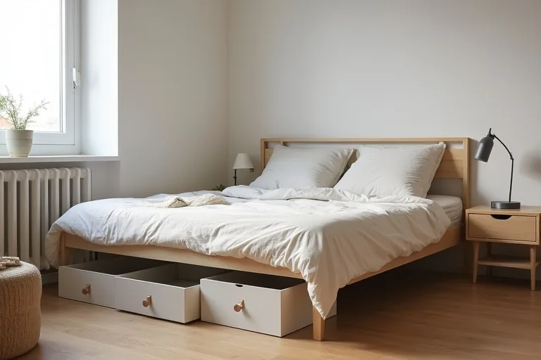 A small bedroom with under-bed storage bins and practical space-saving furniture