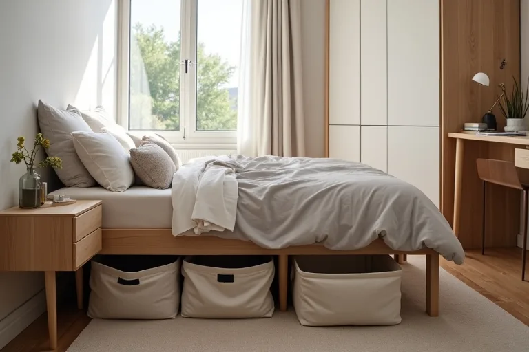 A calm small bedroom layout that suggests a more built-in storage approach