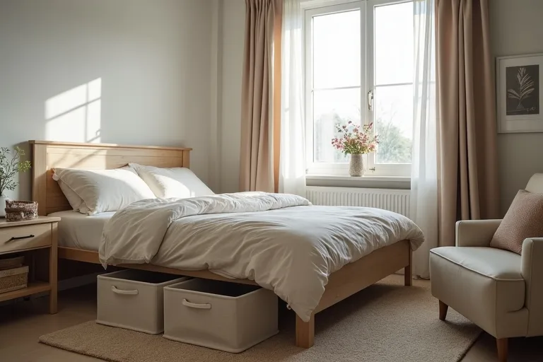 A small bedroom with simple under-bed storage boxes and fabric bins in a calm, realistic home setting