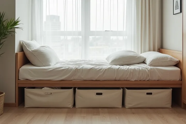 A small bedroom with neat under bed storage using matching fabric bins under a low bed