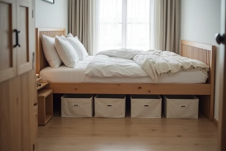 A low bed with neatly tucked storage that keeps the bedroom floor line visually calm