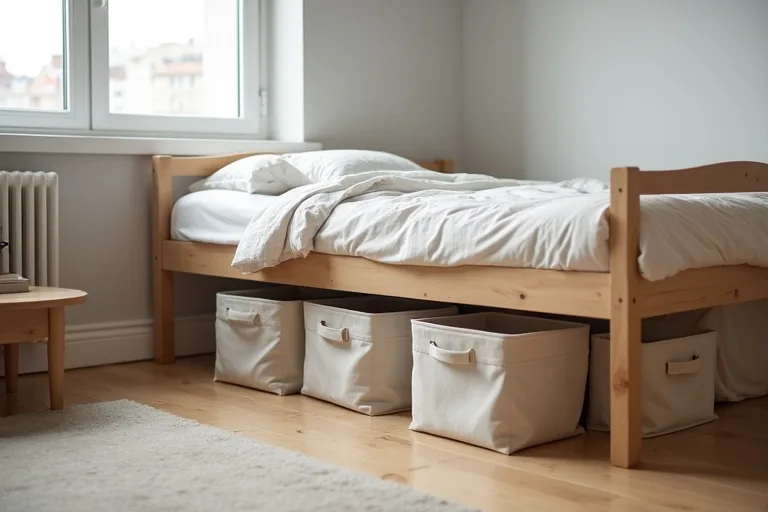 A bedroom storage setup that leaves enough room to access bins without creating clutter