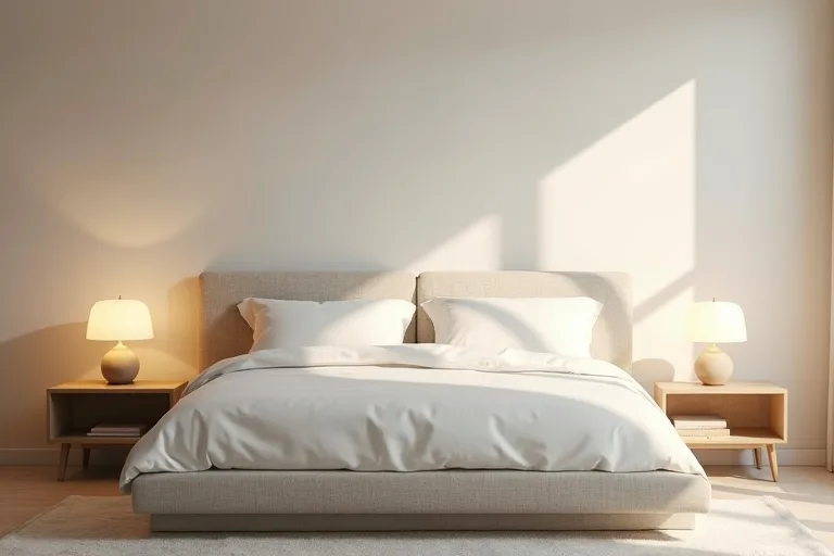 A calm bedroom scene showing layered bedside lighting in a minimalist setting