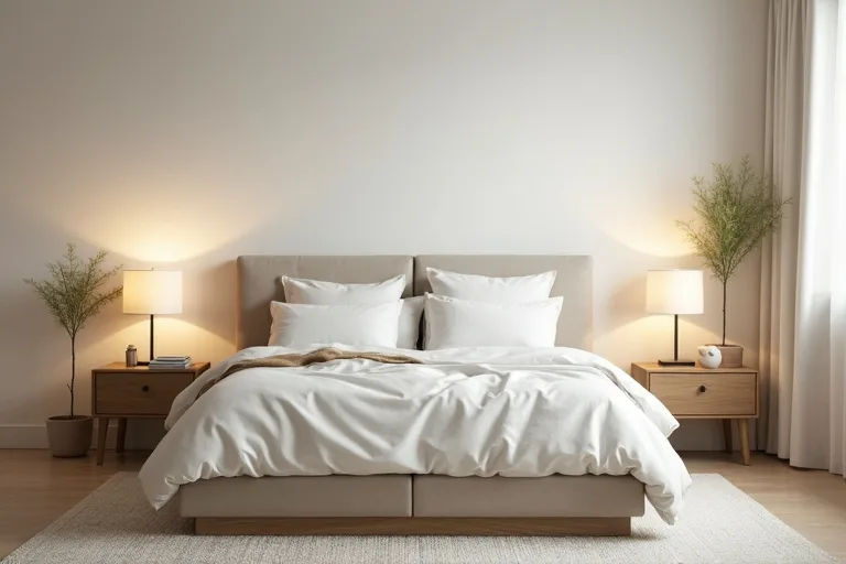 A minimalist bedroom with balanced furniture scale and clear negative space