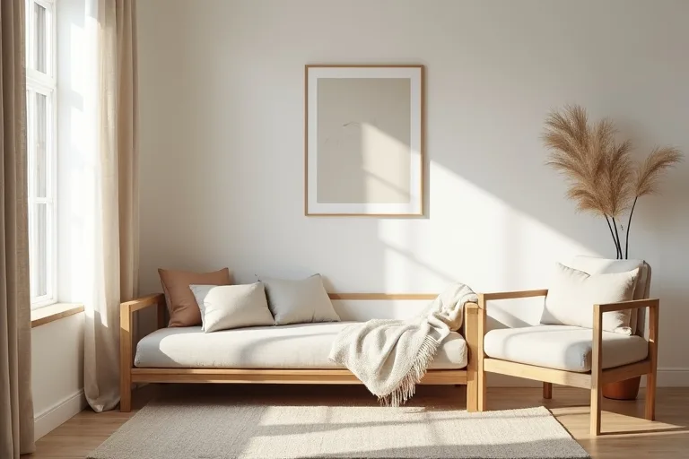 A finished Japandi corner showing how neutral art and linen curtains complete the room.