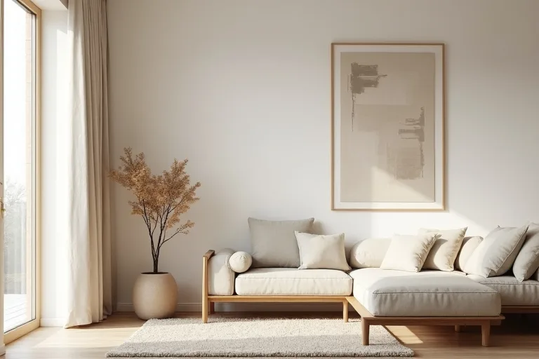A calm Japandi interior with linen curtains, light wood furniture, and framed neutral abstract wall art.