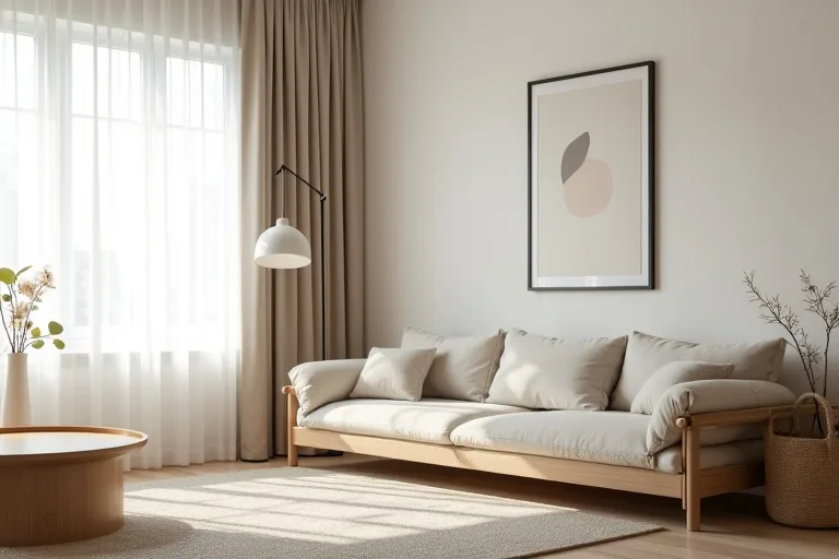 Japandi bedroom styling with open floor space, neutral textiles, and a restrained furniture layout.