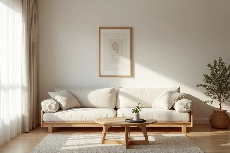 A quiet Japandi room with simple furniture, soft neutrals, and open visual space.