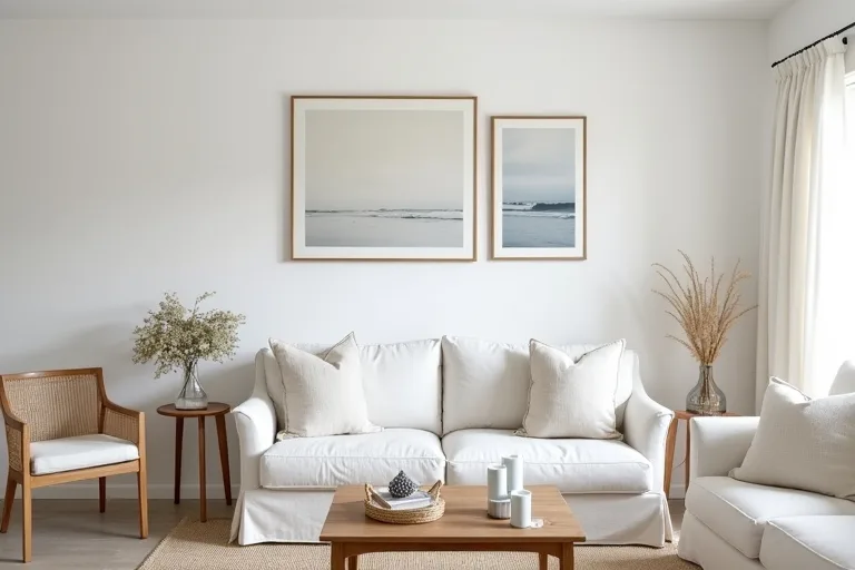 Calm coastal living room with neutral abstract wall art, modern candle holders, and simple budget-friendly styling