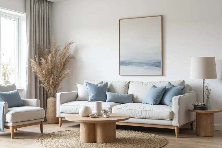 Soft coastal living area with pale oak furniture, linen textures, and natural light