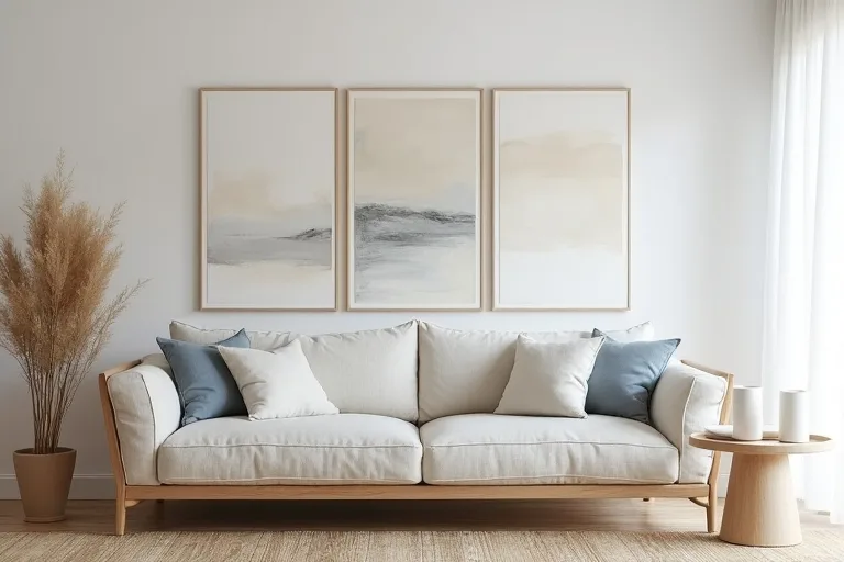 Budget coastal living area with simple furniture, neutral wall art, and quiet decorative styling