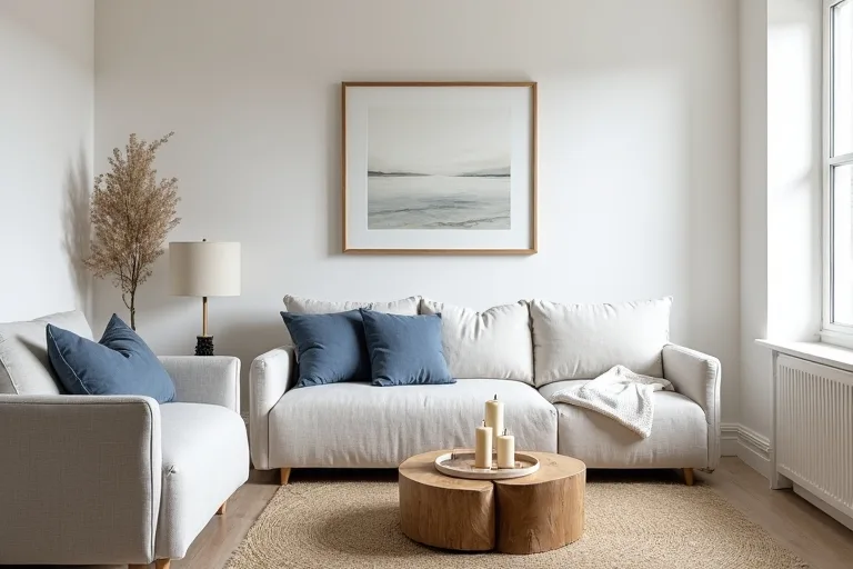 Calm coastal living room with light colors, natural textures, neutral abstract wall art, and modern candle holders