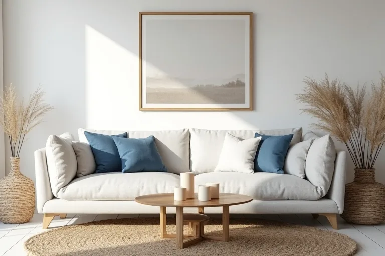 Coastal room styling with light layered textures, pale wood, and simple natural decor