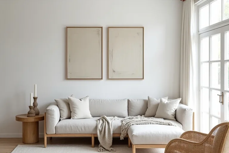 Coastal room details with layered textures and simple candle holders on a side table