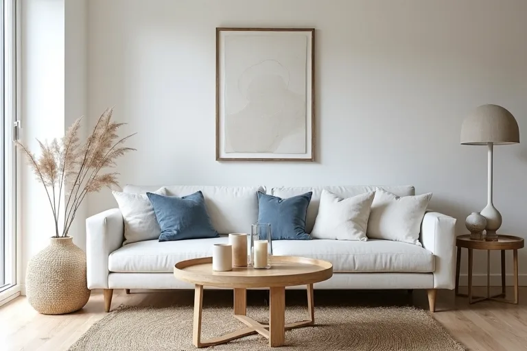 Bright coastal room with simple furniture, soft textiles, and a relaxed practical layout
