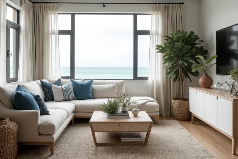 A coastal-inspired living room with restrained styling and balanced surfaces, illustrating a calmer approach to finishing touches.