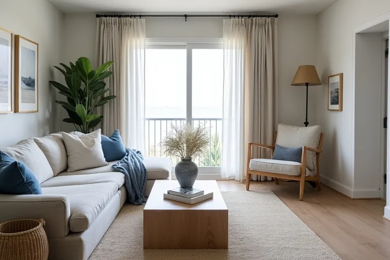 Neutral coastal living room details with woven textures and balanced furniture scale, showing how natural materials support the style.