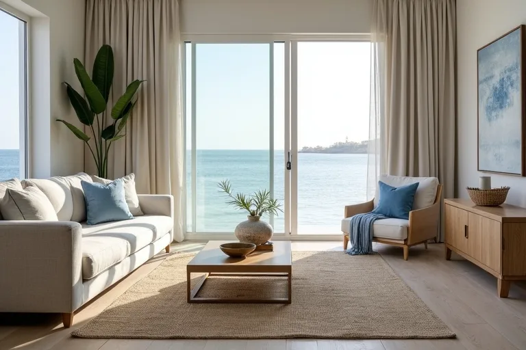 A coastal-inspired living room with neutral furniture and soft daylight, showing how an overworked theme can start to feel staged.