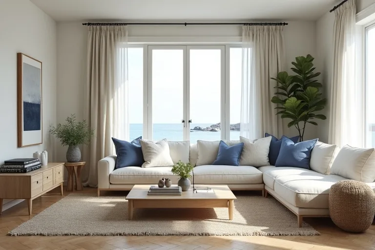 A calm coastal-inspired living room with neutral furniture, natural textures, and subtle decor details that show how the style can feel forced when overdone.