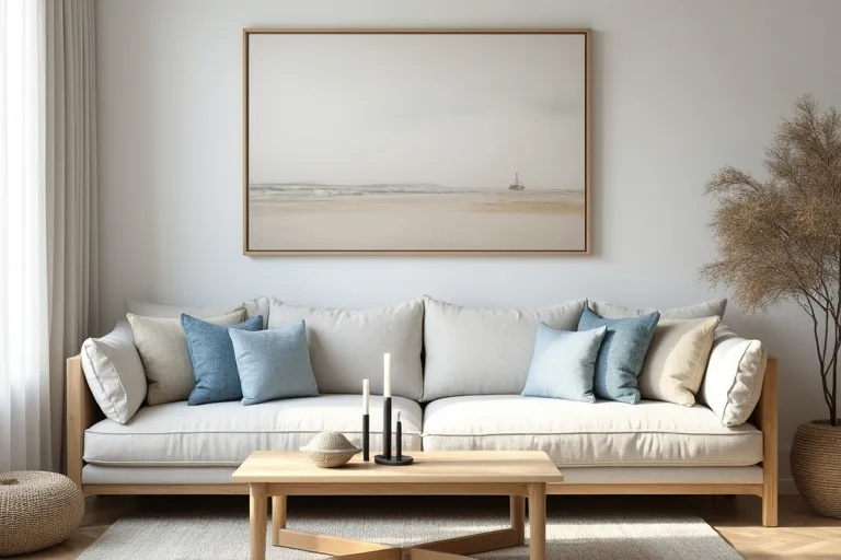 A calm coastal-style living room with neutral abstract wall art and modern candle holders as finishing pieces.