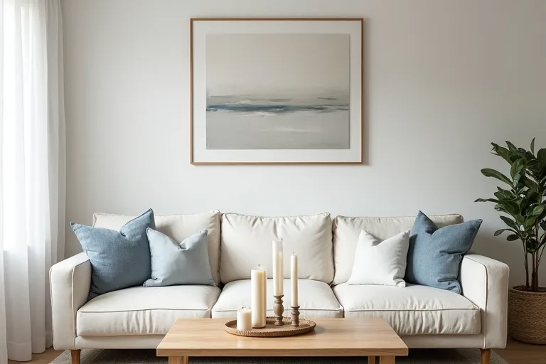A coastal-inspired living room finished with framed abstract wall art and simple candle holders.