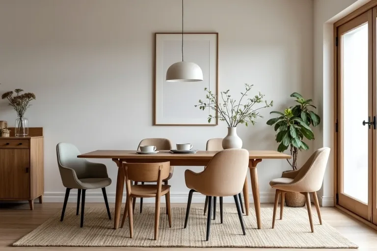 A realistic dining room with comfortable chairs around a wooden table and clear space for everyday movement.