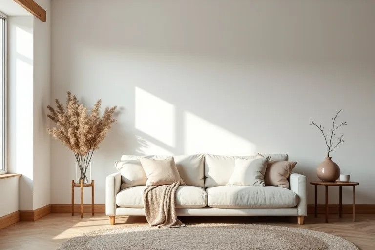 Neutral farmhouse decor with a throw blanket and ceramic vase set used as simple finishing pieces.