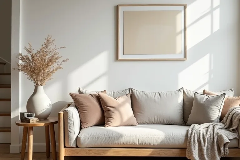 A neutral farmhouse seating area with a folded throw blanket and a simple side table styling detail.