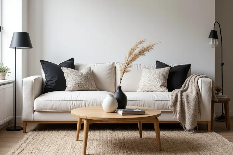 Calm farmhouse living room with simple seating, natural wood furniture, and light neutral finishes