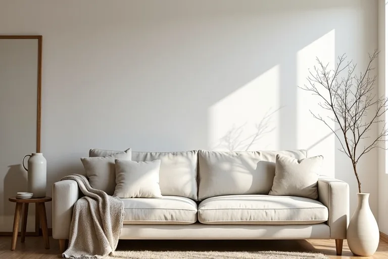 A farmhouse living room layout with a neutral sofa, warm wood accents, and simple everyday styling.