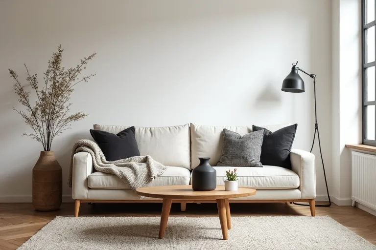 Bright farmhouse-style living room with neutral sofa, wood table, ceramic vases, and a soft throw blanket