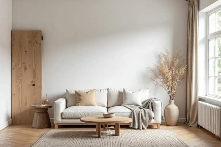 A budget-friendly farmhouse room with white walls, warm wood, and simple neutral styling.