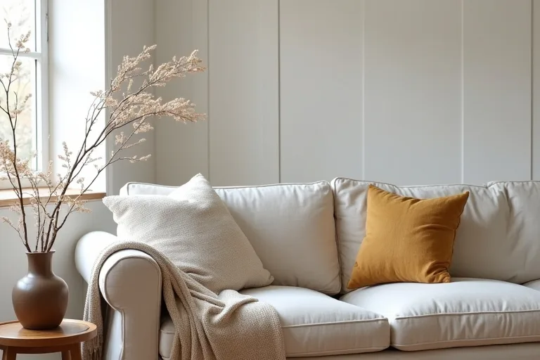 A calm farmhouse-style living room with a neutral sofa, ceramic vase set, and a folded neutral throw blanket.