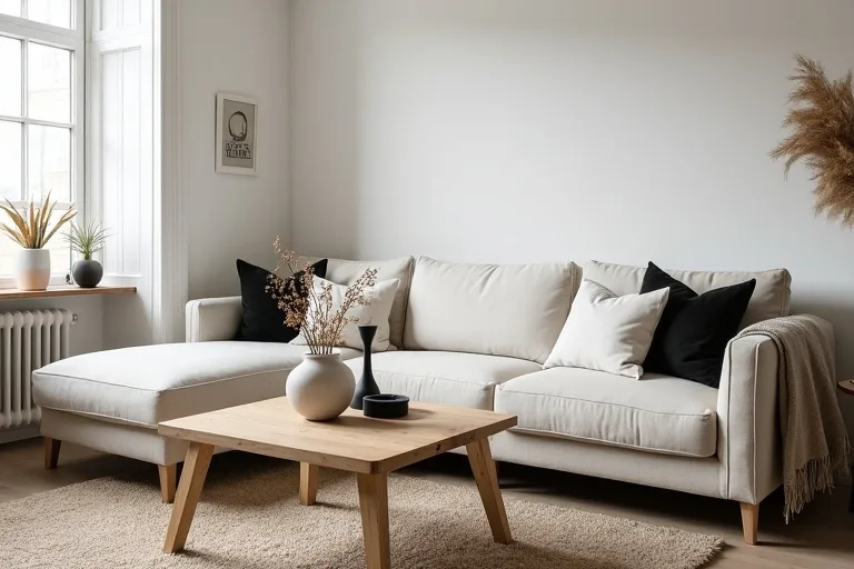 Farmhouse living room details with a neutral throw blanket, ceramic vase decor, and warm natural textures