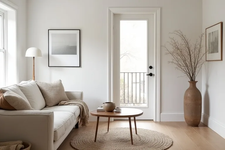 A farmhouse-style room showing the role of furniture scale and simple lighting in the overall feel.